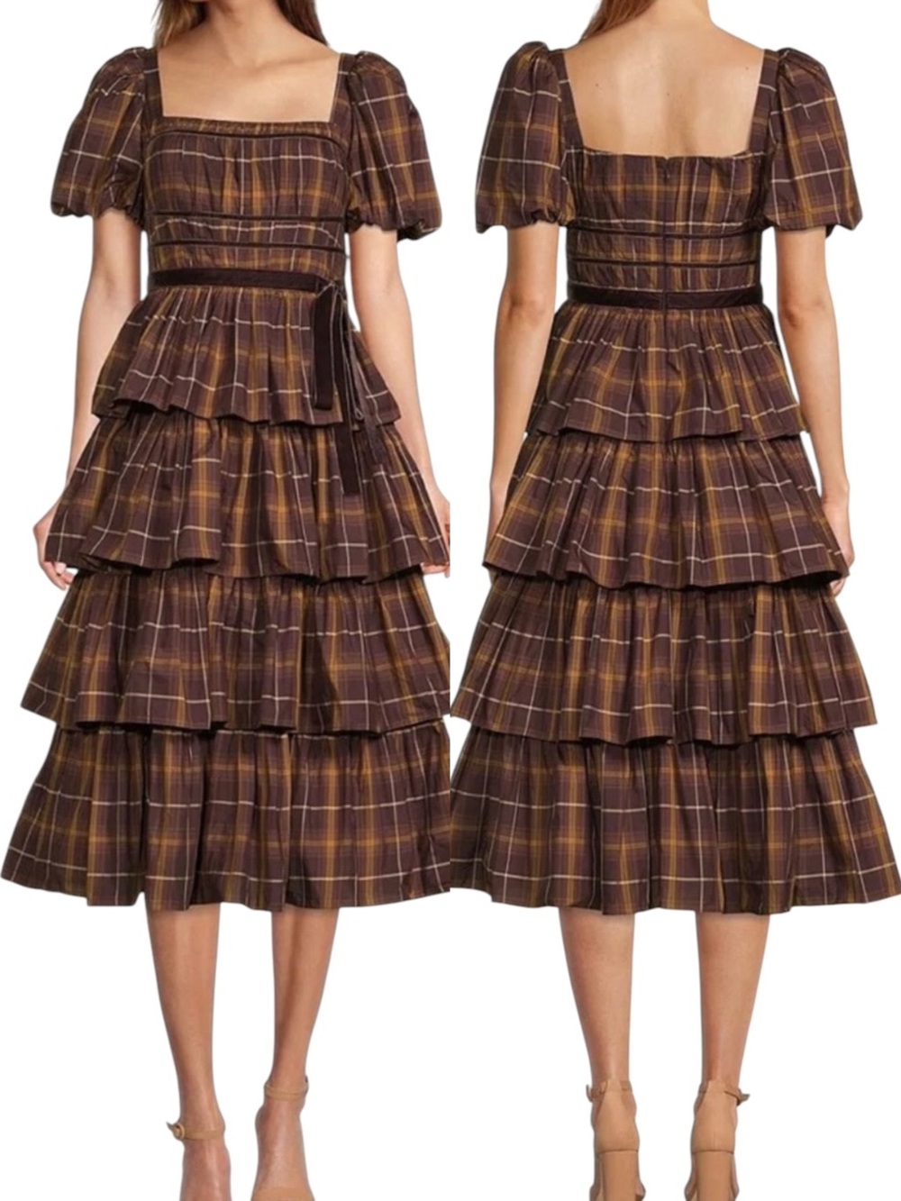 Antonio Melani | Maisie Brown Plaid Puff Sleeve Tiered Ruffle Midi Dress